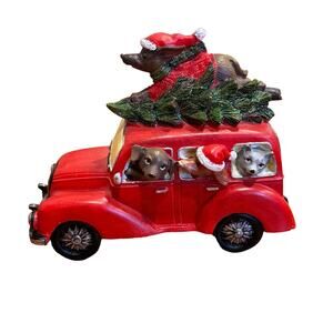 Cute Adorable Red Vintage Car/Truck with Christmas Tree & Dogs